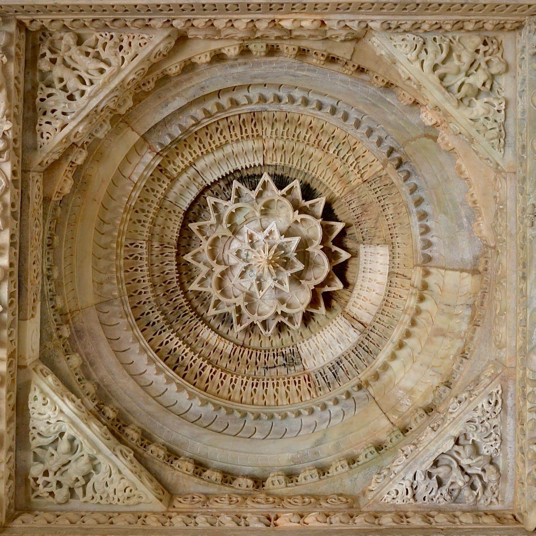 A carved marble ceiling in the Luna Vasahi Temple, one of the Dilwara Temples at Mount Abu