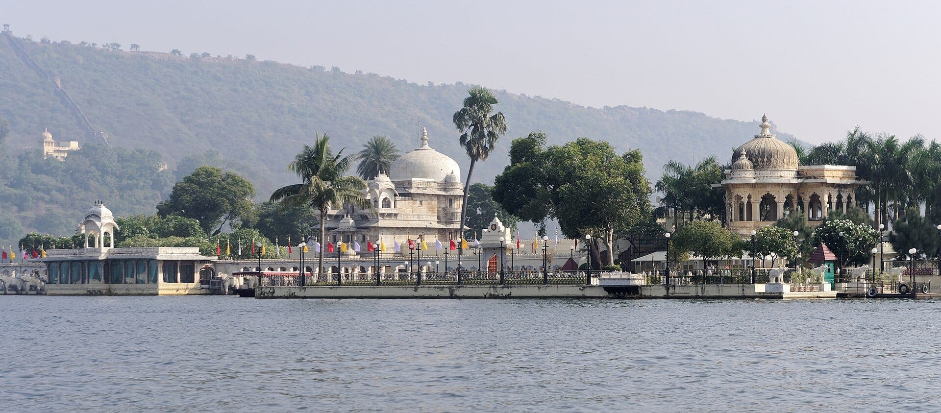 Jag Mandir island palace on Lake Pichola, with white domed pavilions, palms and a wooded hill