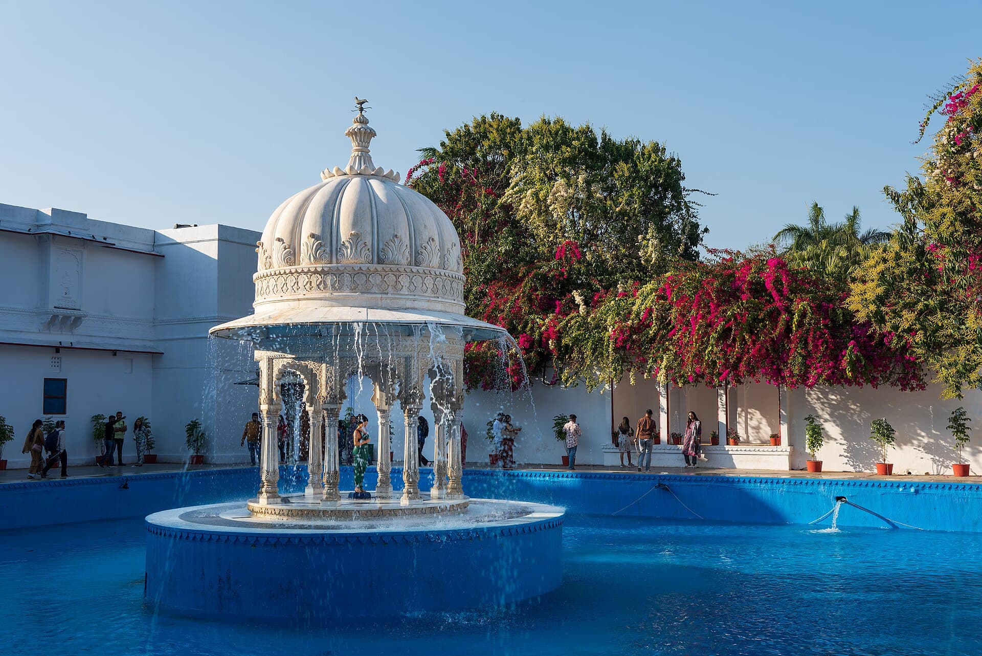 A white marble fountain pavilion in the Saheliyon Ki Bari garden