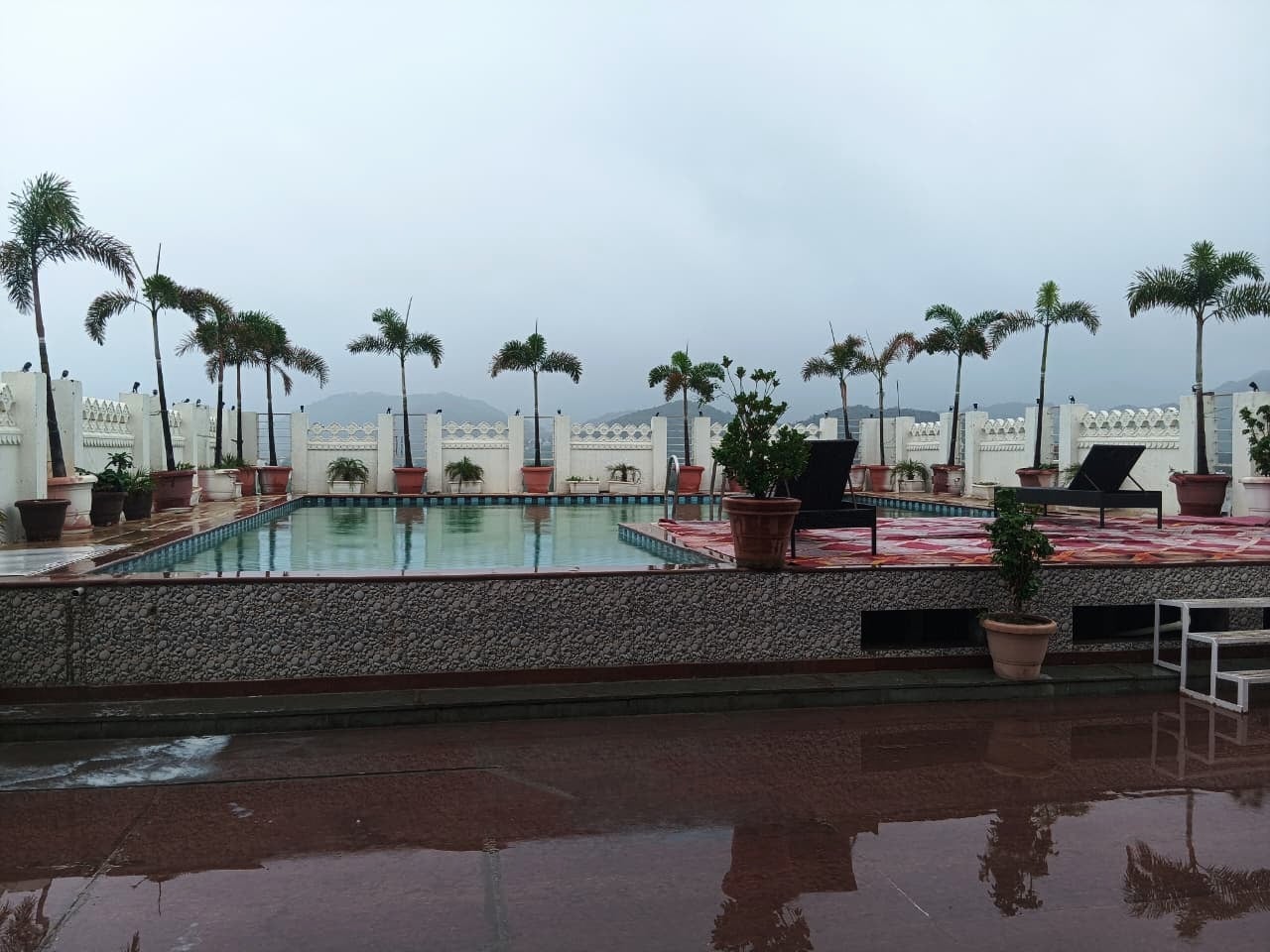 The rooftop pool on a grey monsoon day, palms along the white scalloped parapet reflected in the wet deck, with misty hills beyond